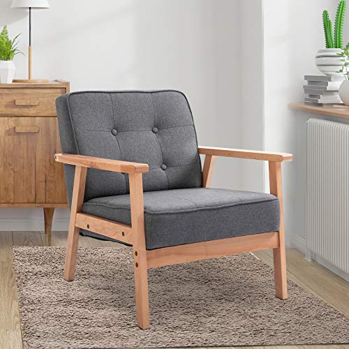 HOMCOM Armchair, Linen Fabric Accent Chair, Occasional Chair with Beech Wood Frame for Living Room, Reception, Bedroom, Balcony, Grey and Natural