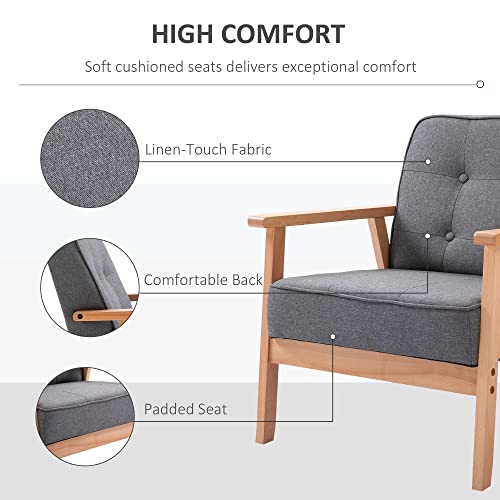 HOMCOM Armchair, Linen Fabric Accent Chair, Occasional Chair with Beech Wood Frame for Living Room, Reception, Bedroom, Balcony, Grey and Natural