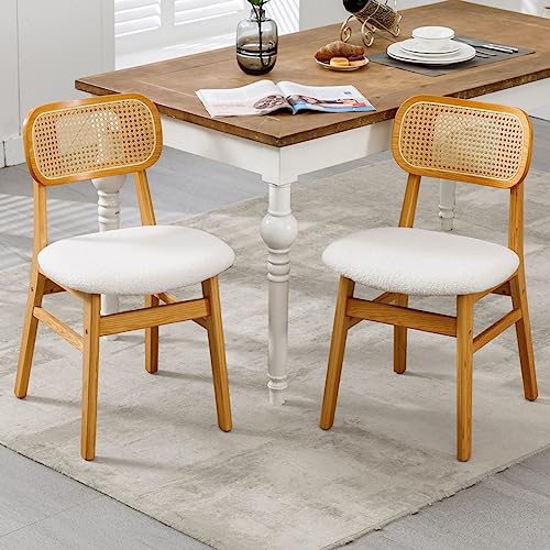 Wahson Rattan Dining Chairs Set of 2 Upholstered Kitchen Chairs in Sherpa Fabric, Retro Side Chairs with Wooden Legs for Dining Room, Beige