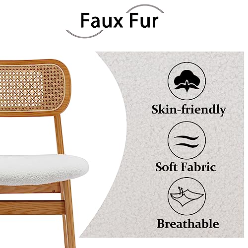 Wahson Rattan Dining Chairs Set of 2 Upholstered Kitchen Chairs in Sherpa Fabric, Retro Side Chairs with Wooden Legs for Dining Room, Beige