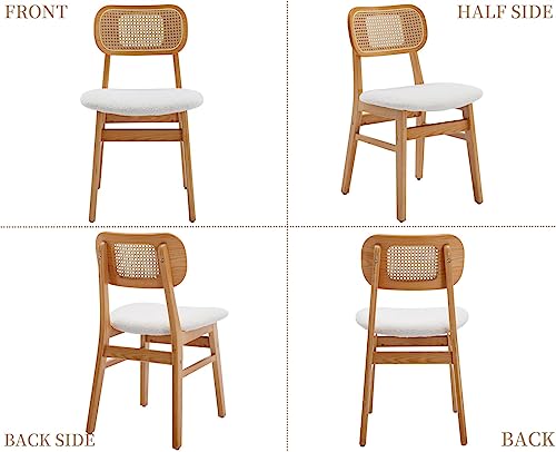 Wahson Rattan Dining Chairs Set of 2 Upholstered Kitchen Chairs in Sherpa Fabric, Retro Side Chairs with Wooden Legs for Dining Room, Beige