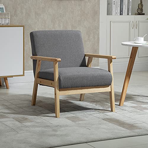 HOMCOM Accent Chair Wood Frame w/Thick Linen Cushions Wide Seat Armchair Home Furniture Bedroom Office