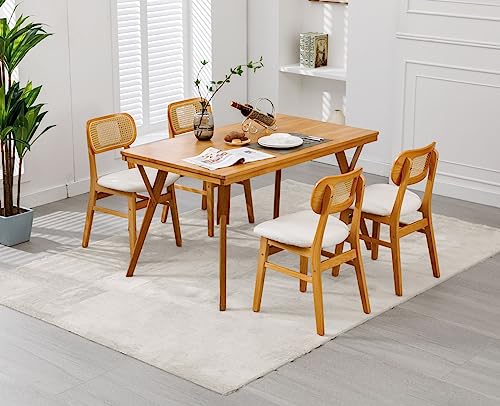 Wahson Rattan Dining Chairs Set of 2 Upholstered Kitchen Chairs in Sherpa Fabric, Retro Side Chairs with Wooden Legs for Dining Room, Beige