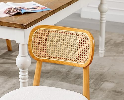 Wahson Rattan Dining Chairs Set of 2 Upholstered Kitchen Chairs in Sherpa Fabric, Retro Side Chairs with Wooden Legs for Dining Room, Beige
