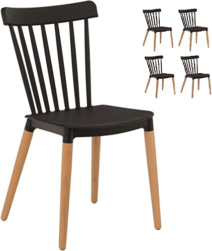 LEPTIS MAGNA Elegant Modern Chair Plastic and Beech Wooden Leg Set of 4 Dining Chairs (Black)