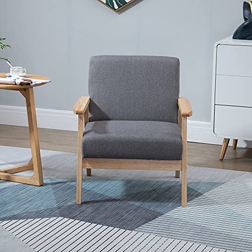 HOMCOM Accent Chair Wood Frame w/Thick Linen Cushions Wide Seat Armchair Home Furniture Bedroom Office