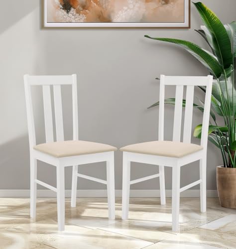 Hallowood Furniture Aston White Painted Dining Chairs Set 2, Solid Wooden Chairs with Fabric Seat Pad, Contemporary White Chairs, Wooden Cafe Chair, Modern Kitchen Furniture