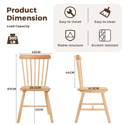 DELAVIN Wooden Dining Chairs Set of 2, Mid Century Oak Dining Chairs, Country Farmhouse Kitchen Chairs, Natural，60D x 60W x 74Hcm