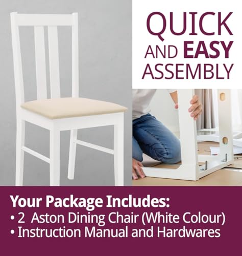 Hallowood Furniture Aston White Painted Dining Chairs Set 2, Solid Wooden Chairs with Fabric Seat Pad, Contemporary White Chairs, Wooden Cafe Chair, Modern Kitchen Furniture