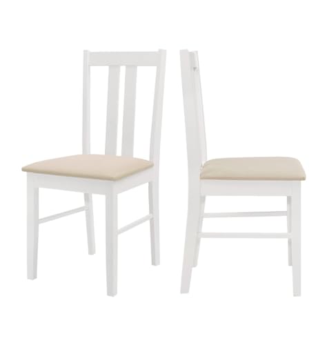 Hallowood Furniture Aston White Painted Dining Chairs Set 2, Solid Wooden Chairs with Fabric Seat Pad, Contemporary White Chairs, Wooden Cafe Chair, Modern Kitchen Furniture