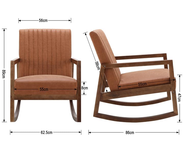 Wahson PU Leather Rocking Chair Retro Armchair Padded Accent Chair with Solid Wood Legs, Leisure Relax Chair for Living Room/Bedroom/Balcony (Brown)