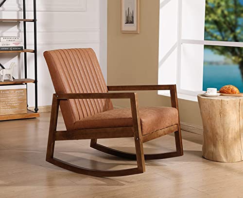 Wahson PU Leather Rocking Chair Retro Armchair Padded Accent Chair with Solid Wood Legs, Leisure Relax Chair for Living Room/Bedroom/Balcony (Brown)