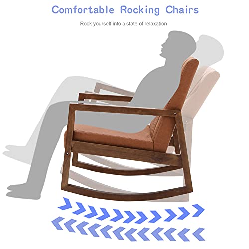 Wahson PU Leather Rocking Chair Retro Armchair Padded Accent Chair with Solid Wood Legs, Leisure Relax Chair for Living Room/Bedroom/Balcony (Brown)