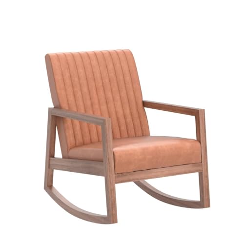 Wahson PU Leather Rocking Chair Retro Armchair Padded Accent Chair with Solid Wood Legs, Leisure Relax Chair for Living Room/Bedroom/Balcony (Brown)