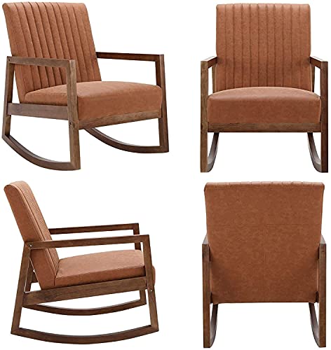 Wahson PU Leather Rocking Chair Retro Armchair Padded Accent Chair with Solid Wood Legs, Leisure Relax Chair for Living Room/Bedroom/Balcony (Brown)