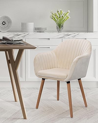 WOLTU Cream White Kitchen Dining Chair 1 Piece Upholstered Counter Lounge Living Room Corner Chair with Arms & Backrest Solid Wood Legs Reception Chair Tub Chairs Armchair