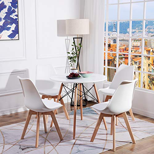 EGGREE Set of 4 Tulip Dining/Office Chair with Solid Wood Beech Legs, (TM) Armless Padded Design Chairs White