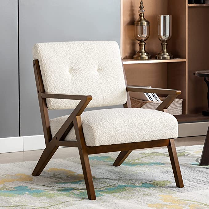 HomeMiYN Mid-Century Armchair,Retro Accent Chair with Wood Frame Upholstered Occasional Club Chair for Living Room Reception Bedroom Balcony Office Apartment Beige