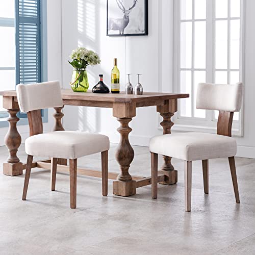 Wahson Mid Century Dining Chairs Set of 2 Linen Fabric Kitchen Leisure Chairs with Solid Wood Legs, Upholstered Side Chairs for Dining Room, Beige