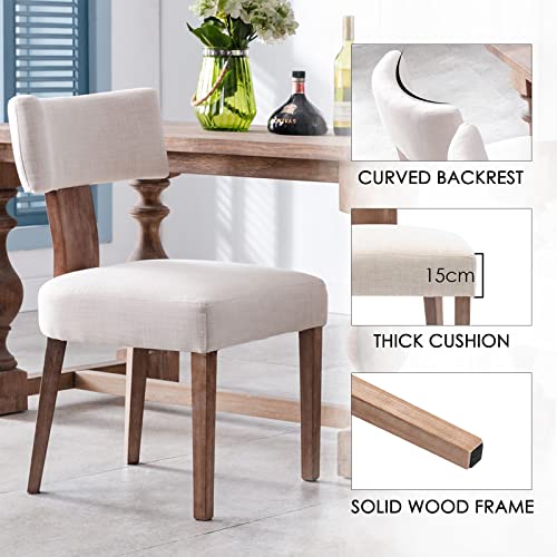 Wahson Mid Century Dining Chairs Set of 2 Linen Fabric Kitchen Leisure Chairs with Solid Wood Legs, Upholstered Side Chairs for Dining Room, Beige