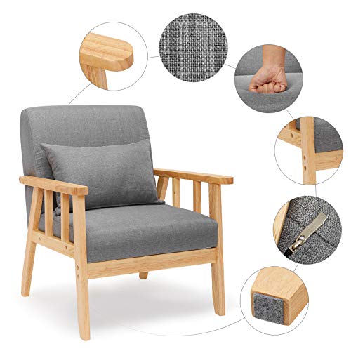 Mondeer Armchair, Retro Accent Chair with Cushion, Single Sofa Linen Solid Wood Frame for Lounge Living Room Bedroom Balcony Office, Dark Gray