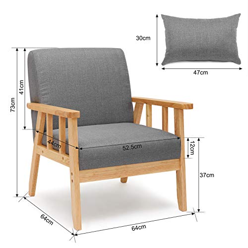Mondeer Armchair, Retro Accent Chair with Cushion, Single Sofa Linen Solid Wood Frame for Lounge Living Room Bedroom Balcony Office, Dark Gray