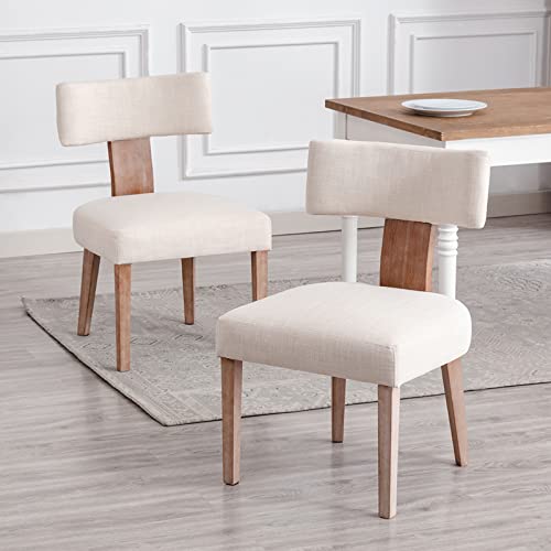 Wahson Mid Century Dining Chairs Set of 2 Linen Fabric Kitchen Leisure Chairs with Solid Wood Legs, Upholstered Side Chairs for Dining Room, Beige
