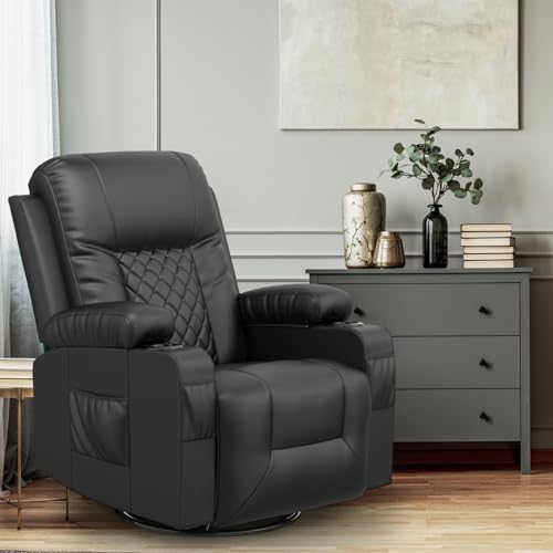 Recliner Chair, YONISEE Swivel Recliner Rocker Chairs with 360° Rotate & 125° Rocking Mechanism, Extended Footrest, Swivel Armchair Single Sofa Living Room Lounge with Drink Holders & Side Pockets