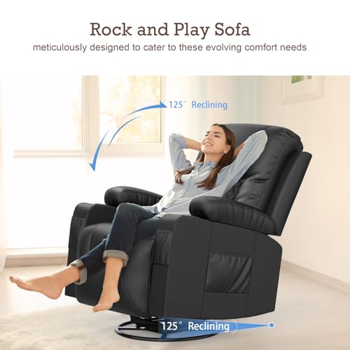 Recliner Chair, YONISEE Swivel Recliner Rocker Chairs with 360° Rotate & 125° Rocking Mechanism, Extended Footrest, Swivel Armchair Single Sofa Living Room Lounge with Drink Holders & Side Pockets