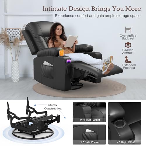 Recliner Chair, YONISEE Swivel Recliner Rocker Chairs with 360° Rotate & 125° Rocking Mechanism, Extended Footrest, Swivel Armchair Single Sofa Living Room Lounge with Drink Holders & Side Pockets