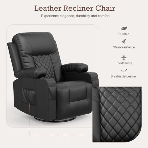 Recliner Chair, YONISEE Swivel Recliner Rocker Chairs with 360° Rotate & 125° Rocking Mechanism, Extended Footrest, Swivel Armchair Single Sofa Living Room Lounge with Drink Holders & Side Pockets