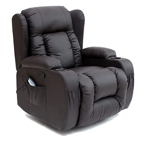 More4Homes CAESAR 10 IN 1 WINGED RECLINER CHAIR ROCKING MASSAGE SWIVEL HEATED GAMING BONDED LEATHER ARMCHAIR (Brown)