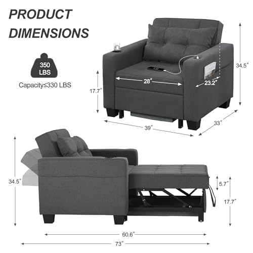 DURASPACE Dark Grey Linen Modern Recliner Adjustable Backrest Armchair Sleeper Chair Bed With USB Port, Cup Holder, Side Pockets, Bottom Storage Basket For Home Living Room