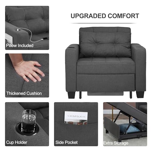 DURASPACE Dark Grey Linen Modern Recliner Adjustable Backrest Armchair Sleeper Chair Bed With USB Port, Cup Holder, Side Pockets, Bottom Storage Basket For Home Living Room