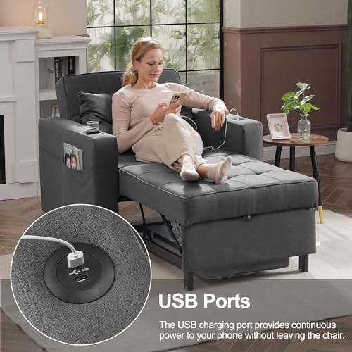 DURASPACE Dark Grey Linen Modern Recliner Adjustable Backrest Armchair Sleeper Chair Bed With USB Port, Cup Holder, Side Pockets, Bottom Storage Basket For Home Living Room