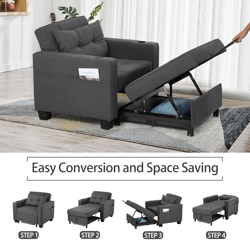 DURASPACE Dark Grey Linen Modern Recliner Adjustable Backrest Armchair Sleeper Chair Bed With USB Port, Cup Holder, Side Pockets, Bottom Storage Basket For Home Living Room