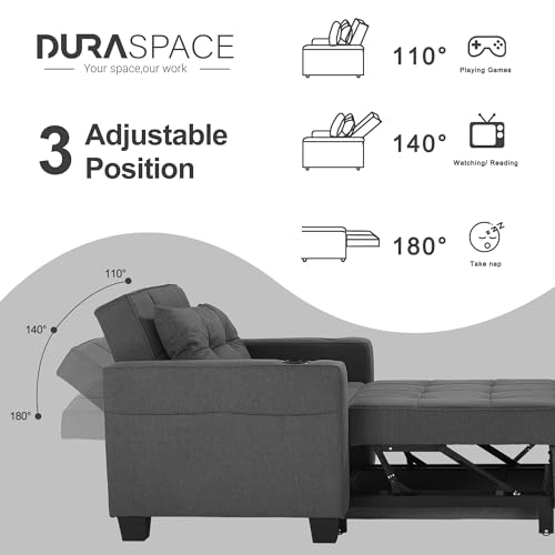DURASPACE Dark Grey Linen Modern Recliner Adjustable Backrest Armchair Sleeper Chair Bed With USB Port, Cup Holder, Side Pockets, Bottom Storage Basket For Home Living Room