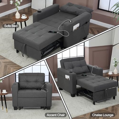DURASPACE Dark Grey Linen Modern Recliner Adjustable Backrest Armchair Sleeper Chair Bed With USB Port, Cup Holder, Side Pockets, Bottom Storage Basket For Home Living Room