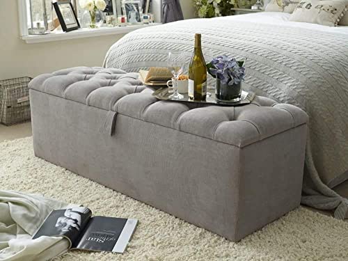 mm08enn Soft Plush Fabric Large Chesterfield Diamante Ottoman Footstool Bench Toy Storage Box (Grey Plush Fabric)