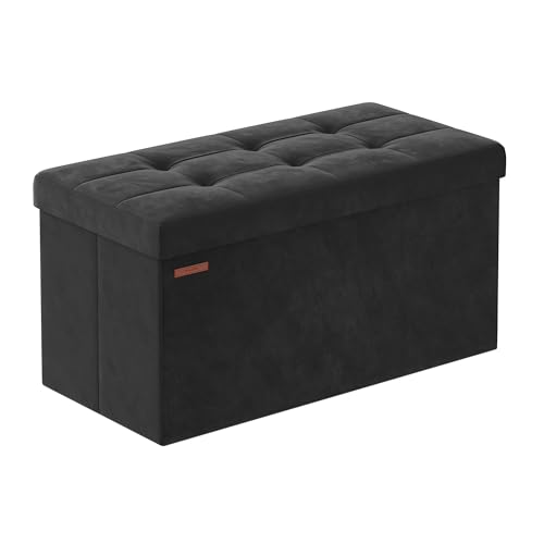 SONGMICS Storage Ottoman, Foldable Velvet Storage Bench, Footstool, 2 Extra Storage Boxes, 38 x 76 x 38 cm, 300 kg Load Capacity, for Hallway, Living Room, Bedroom, Ink Black LSF247B51
