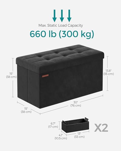 SONGMICS Storage Ottoman, Foldable Velvet Storage Bench, Footstool, 2 Extra Storage Boxes, 38 x 76 x 38 cm, 300 kg Load Capacity, for Hallway, Living Room, Bedroom, Ink Black LSF247B51