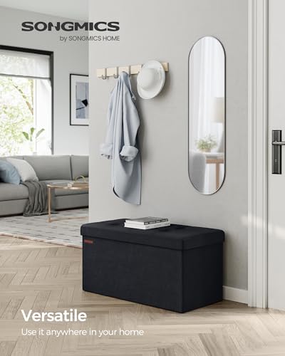 SONGMICS Storage Ottoman, Foldable Velvet Storage Bench, Footstool, 2 Extra Storage Boxes, 38 x 76 x 38 cm, 300 kg Load Capacity, for Hallway, Living Room, Bedroom, Ink Black LSF247B51