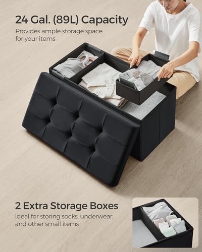 SONGMICS Storage Ottoman, Foldable Velvet Storage Bench, Footstool, 2 Extra Storage Boxes, 38 x 76 x 38 cm, 300 kg Load Capacity, for Hallway, Living Room, Bedroom, Ink Black LSF247B51