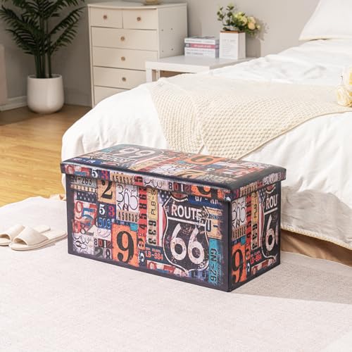 Bonlife Folding Storage Ottoman Bench,Footstool for Living Room Organiser,Colorful Faux Leather Collapsible Large Kids Toy Box with Lids,76x38x38cm