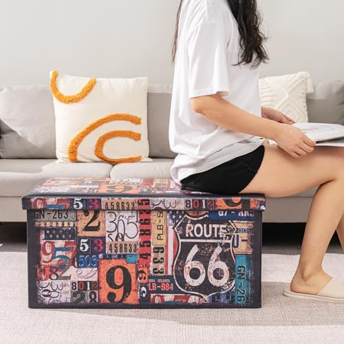 Bonlife Folding Storage Ottoman Bench,Footstool for Living Room Organiser,Colorful Faux Leather Collapsible Large Kids Toy Box with Lids,76x38x38cm