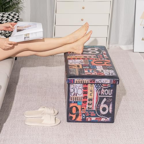 Bonlife Folding Storage Ottoman Bench,Footstool for Living Room Organiser,Colorful Faux Leather Collapsible Large Kids Toy Box with Lids,76x38x38cm