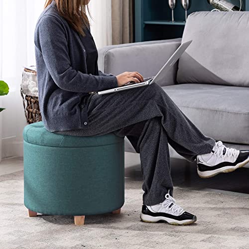 HNNHOME 45cm Round Linen Padded Seat Ottoman Storage Stool Box, Footstool Pouffes Chair with Lids (Yellow)