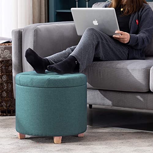 HNNHOME 45cm Round Linen Padded Seat Ottoman Storage Stool Box, Footstool Pouffes Chair with Lids (Yellow)