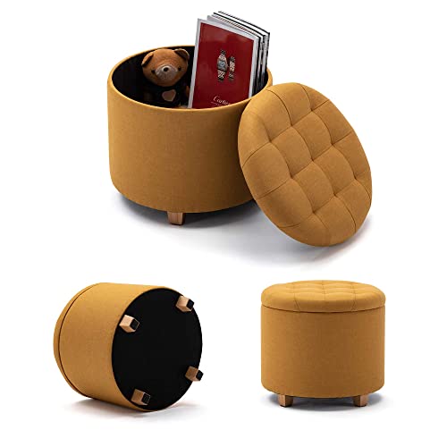HNNHOME 45cm Round Linen Padded Seat Ottoman Storage Stool Box, Footstool Pouffes Chair with Lids (Yellow)