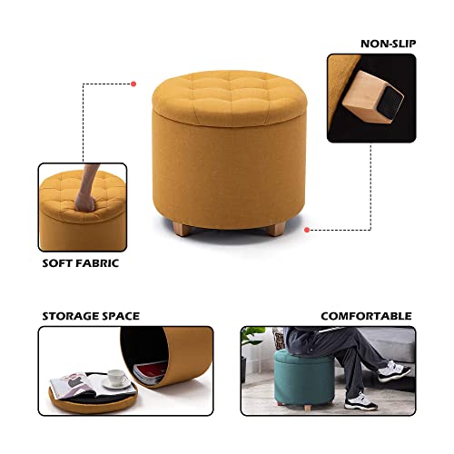 HNNHOME 45cm Round Linen Padded Seat Ottoman Storage Stool Box, Footstool Pouffes Chair with Lids (Yellow)
